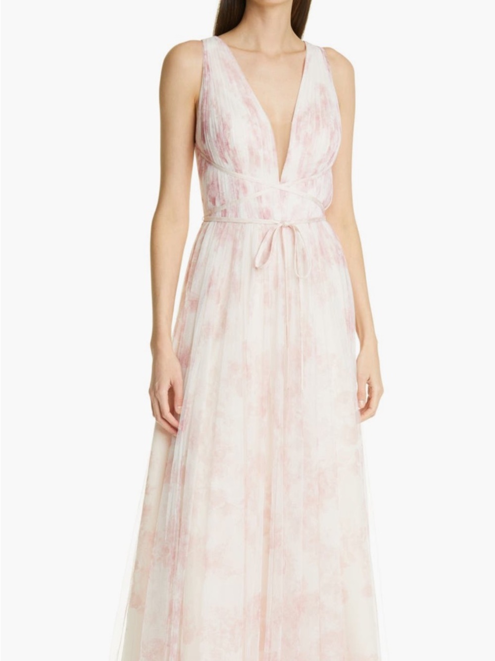 Marchesa Notte Porcelain Print Plunge Neck Tulle Gown Soft Pink Floral